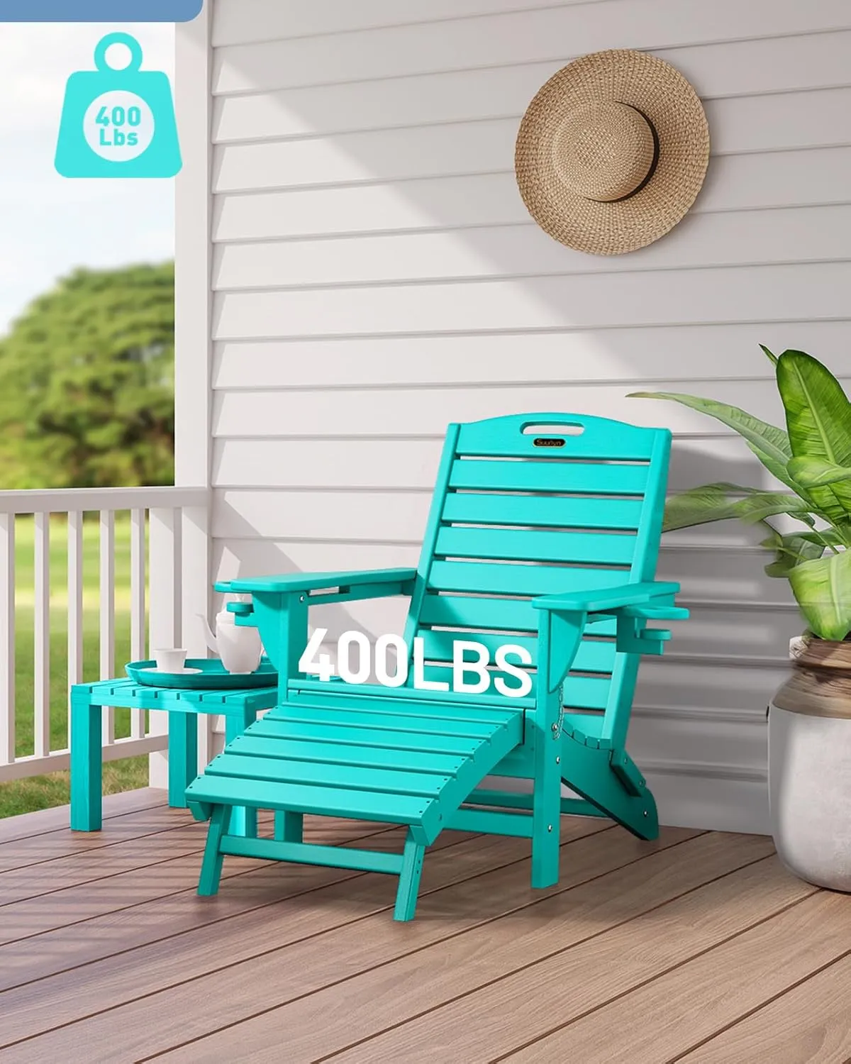 Folding Adirondack Chair with Retractable Ottoman Weather Resistant Fire Pit Chair Patio Chair with 2 Cup Holder Lawn Outdoor Lounge Chair (Lake Blue)