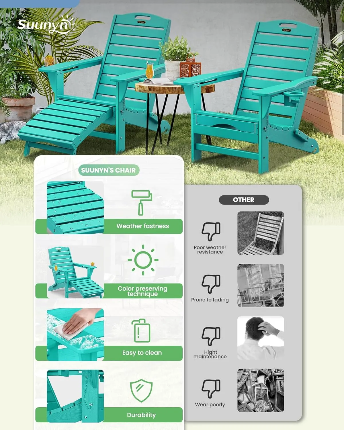 Folding Adirondack Chair with Retractable Ottoman Weather Resistant Fire Pit Chair Patio Chair with 2 Cup Holder Lawn Outdoor Lounge Chair (Lake Blue)