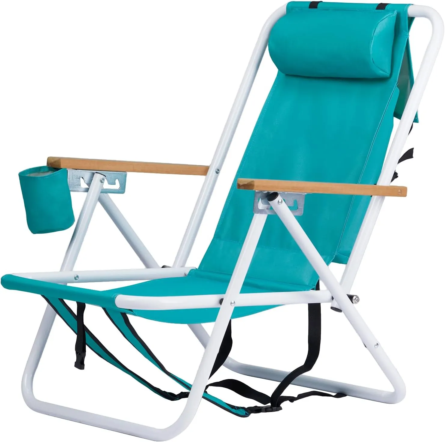 Folding Beach Chair Adjustable Headrest w/Tilt Angle, Cup Holder Portable High Strength Cleanable Fabric, for Sand Camping Lawn Concert Travel Festival (Green)