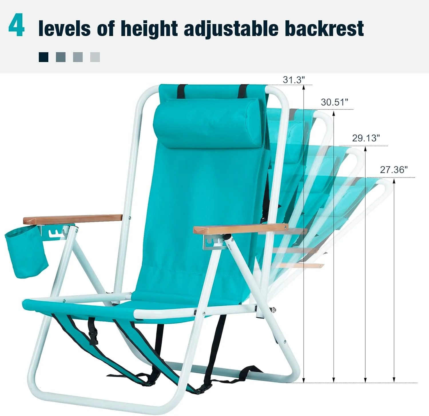Folding Beach Chair Adjustable Headrest w/Tilt Angle, Cup Holder Portable High Strength Cleanable Fabric, for Sand Camping Lawn Concert Travel Festival (Green)