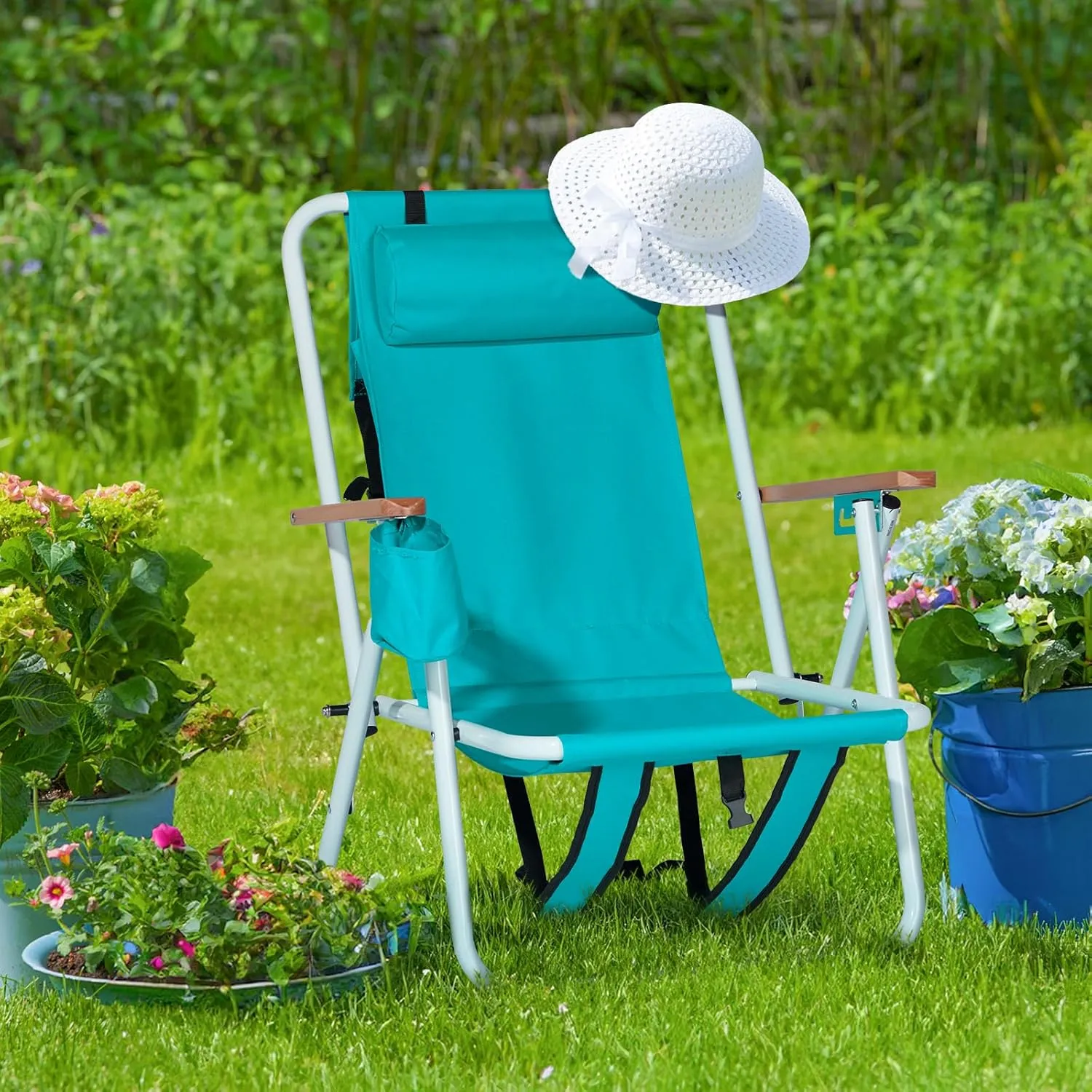 Folding Beach Chair Adjustable Headrest w/Tilt Angle, Cup Holder Portable High Strength Cleanable Fabric, for Sand Camping Lawn Concert Travel Festival (Green)