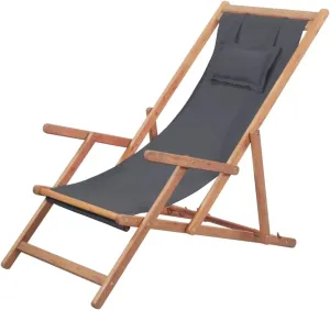 Folding Beach Chair Fabric and Wooden Frame Gray Lawn Chairs
