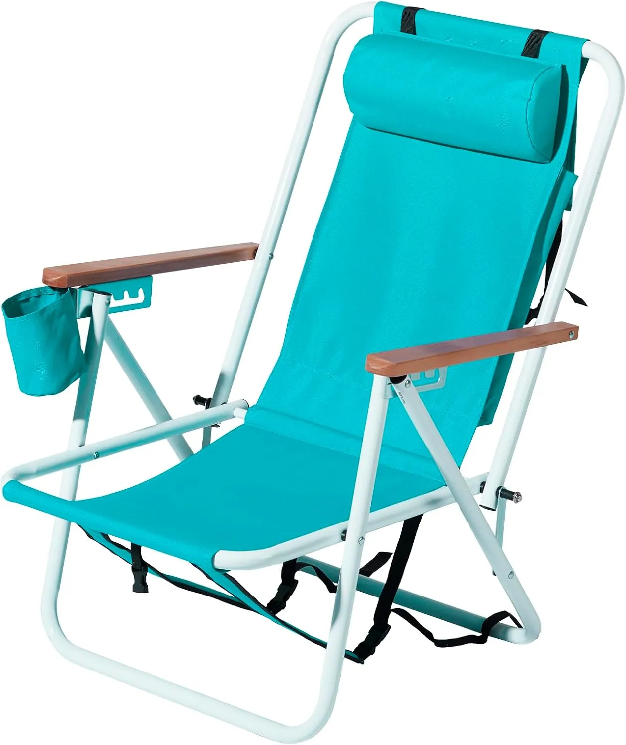Folding Beach Chair for Adults 4 Position Reclining Camping Chairs with Headrest, Cup Holder Wooden Armrests Portable Backpack Foldable Lawn Chairs for Outdoor Beach Concert Travel (Green)