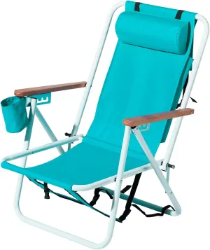 Folding Beach Chair for Adults 4 Position Reclining Camping Chairs with Headrest, Cup Holder Wooden Armrests Portable Backpack Foldable Lawn Chairs for Outdoor Beach Concert Travel (Green)