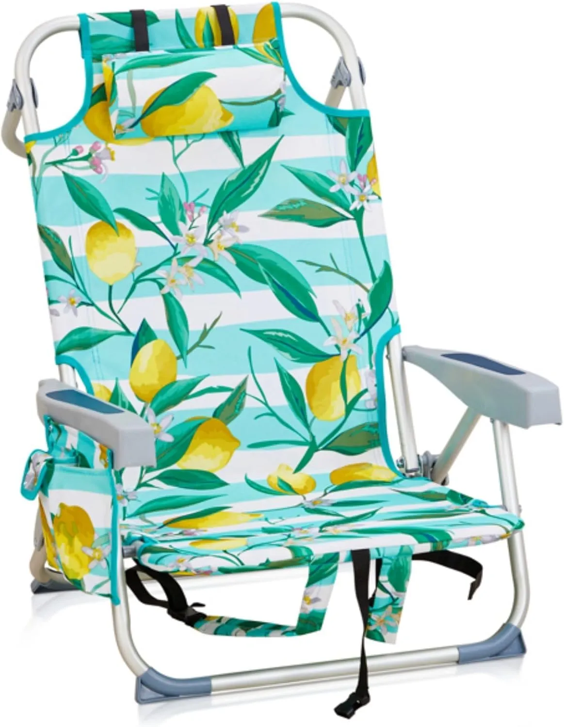 Folding Beach Chair, Portable Outdoor Reclining Camping Chair with 5-Position, Adults Lightweight Chairs with Headrest, Cup Holders, Towel Bar, Shoulder Strap, Lemon & Mint