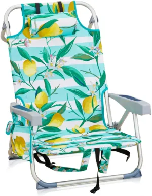 Folding Beach Chair, Portable Outdoor Reclining Camping Chair with 5-Position, Adults Lightweight Chairs with Headrest, Cup Holders, Towel Bar, Shoulder Strap, Lemon & Mint