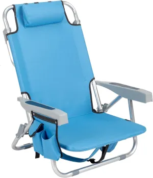 Folding Beach Chair with 5-Position Reclining Backrest, Lightweight Aluminum Frame, Cup Holder & Storage Pouch, Portable Outdoor Camping Chair for Beach, Picnic, Lawn – Blue