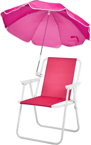 Folding Beach Chair with Umbrella, Portable Heavy Duty Camping Chair for Adults, Lightweight High Back Chair with Detachable Sun Shade, Supports 265lbs for Beach, Park, Travel, Outdoor (Pink)