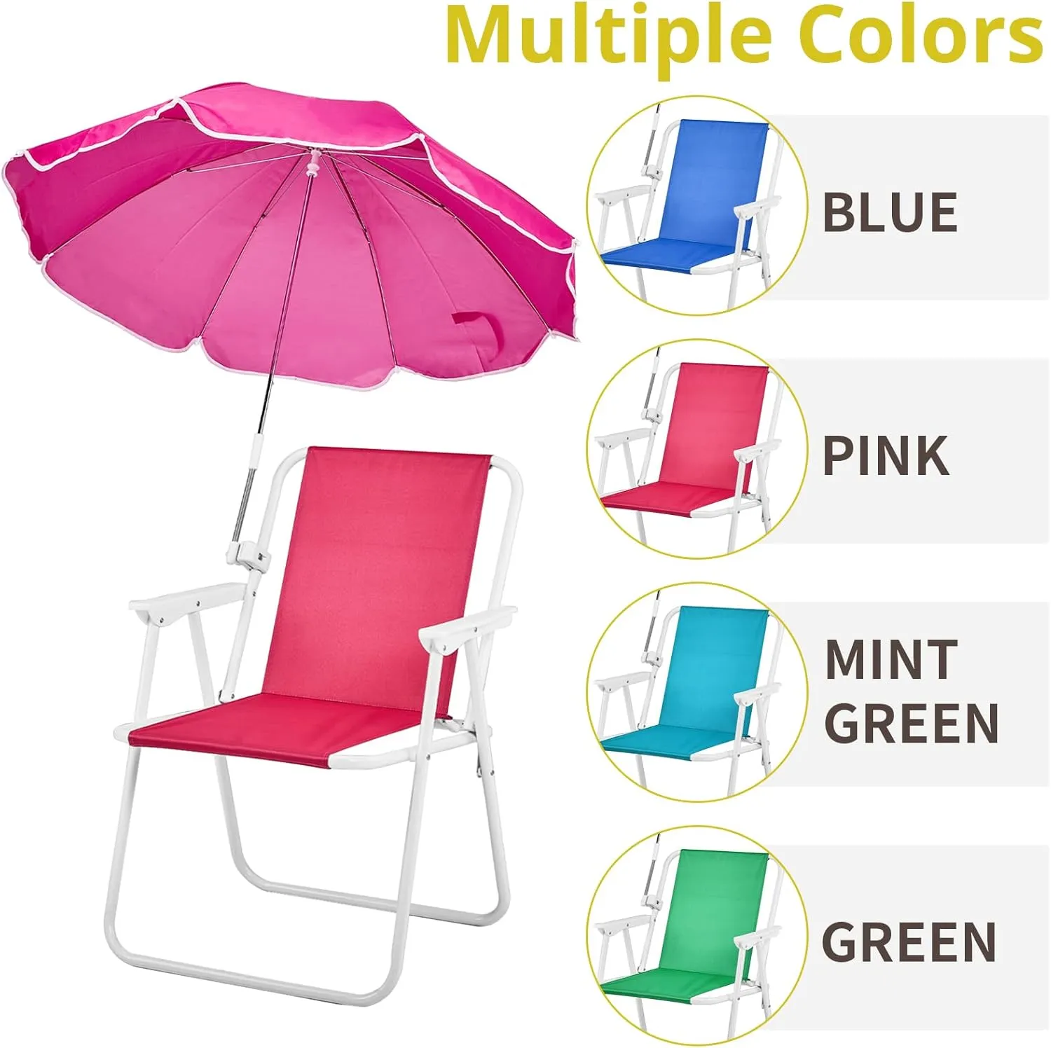 Folding Beach Chair with Umbrella, Portable Heavy Duty Camping Chair for Adults, Lightweight High Back Chair with Detachable Sun Shade, Supports 265lbs for Beach, Park, Travel, Outdoor (Pink)