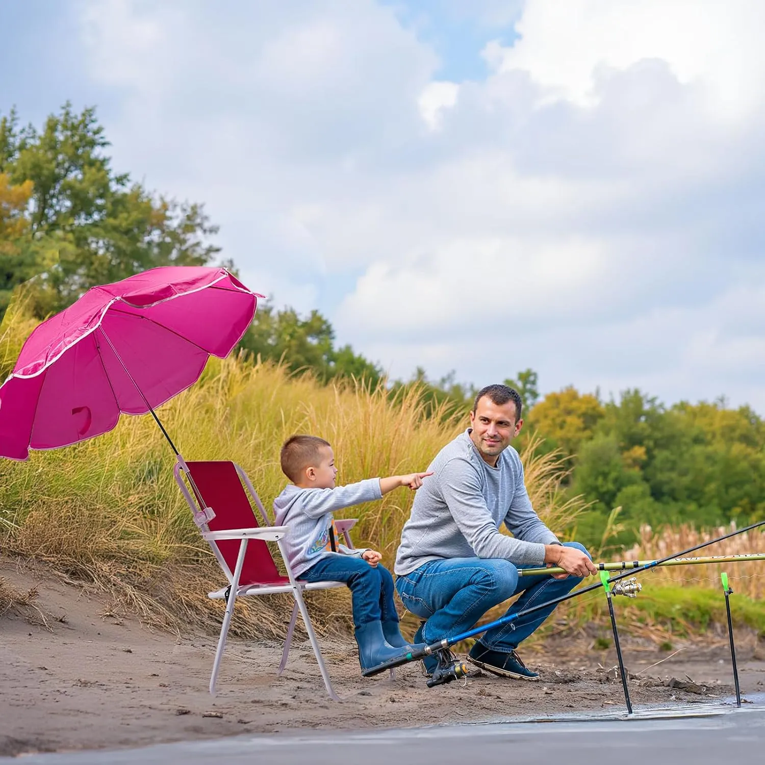 Folding Beach Chair with Umbrella, Portable Heavy Duty Camping Chair for Adults, Lightweight High Back Chair with Detachable Sun Shade, Supports 265lbs for Beach, Park, Travel, Outdoor (Pink)