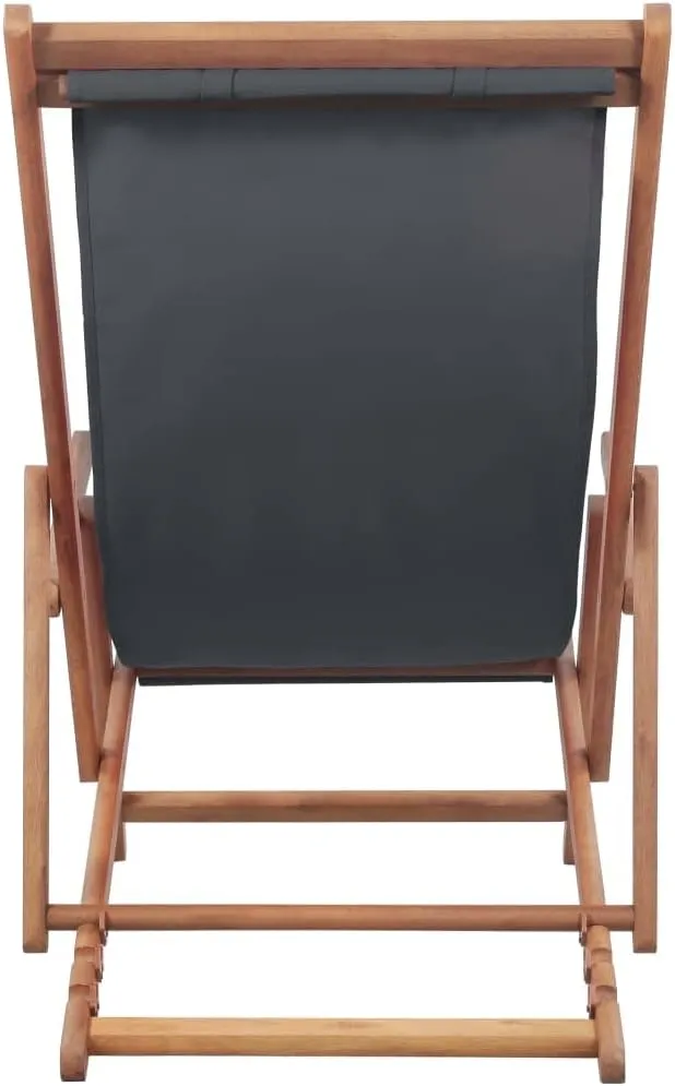 Folding Beach Chair with Wooden Frame and Gray Fabric – Adjustable Reclining Lounge Chair for Outdoor, Patio, Garden, Camping, and Beach Use