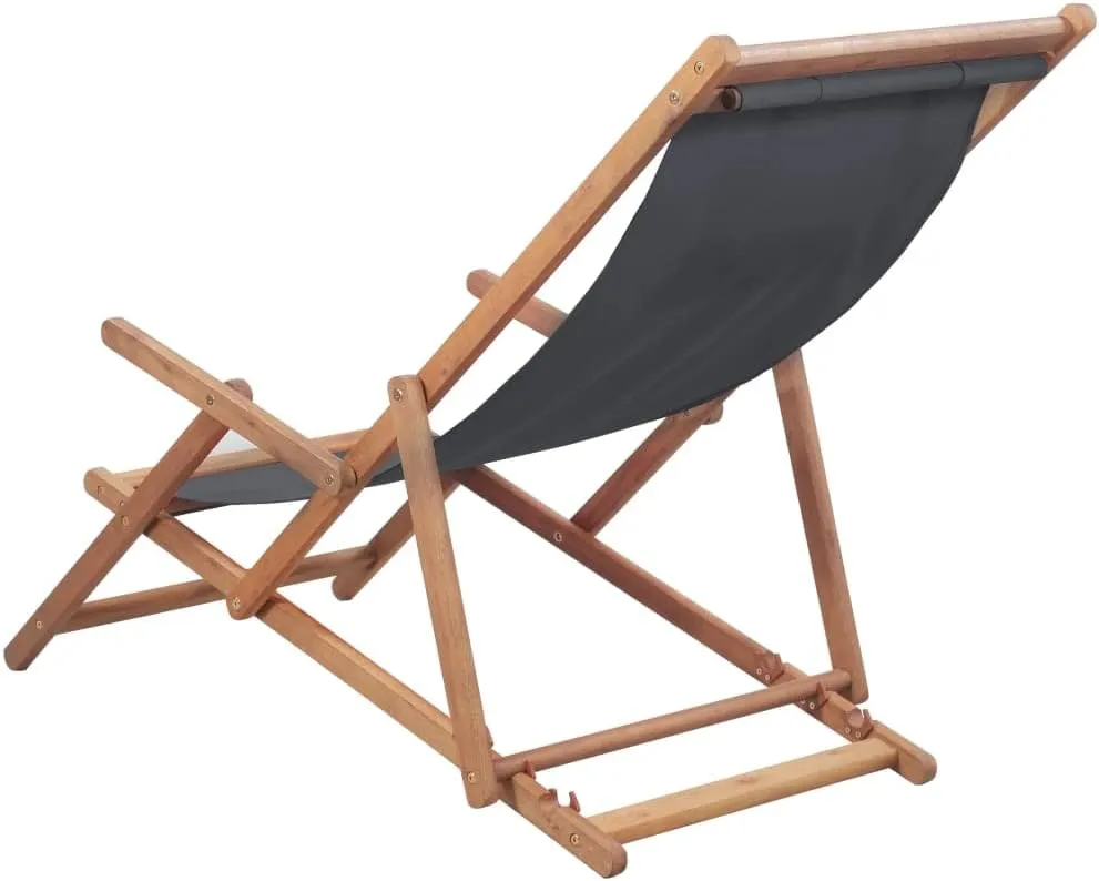 Folding Beach Chair with Wooden Frame and Gray Fabric – Adjustable Reclining Lounge Chair for Outdoor, Patio, Garden, Camping, and Beach Use