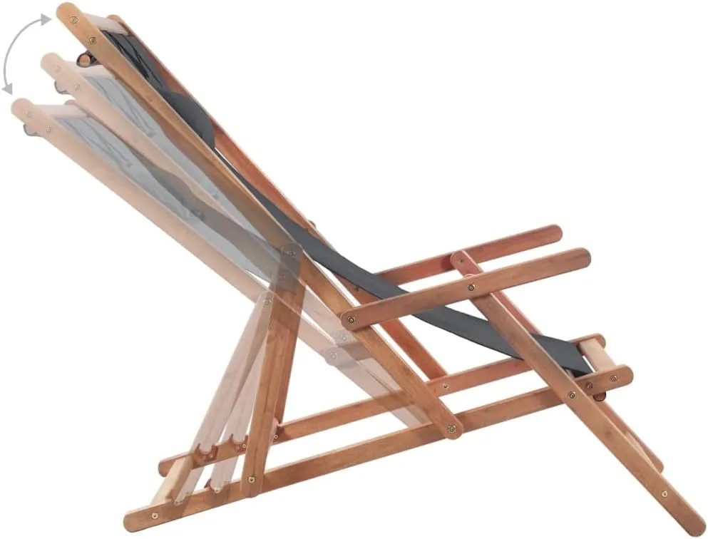 Folding Beach Chair with Wooden Frame and Gray Fabric – Adjustable Reclining Lounge Chair for Outdoor, Patio, Garden, Camping, and Beach Use