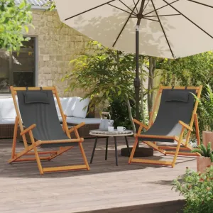 Folding Beach Chairs 2 pcs Gray Fabric,Reclining Eucalyptus Wood Folding Beach Chair, Durable and Adjustable for Patio and Camping