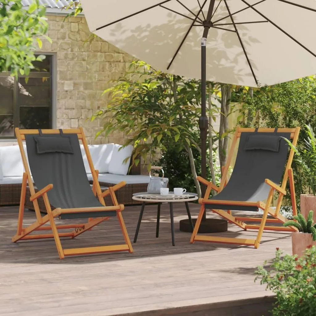 Folding Beach Chairs 2 pcs Gray Fabric,Reclining Eucalyptus Wood Folding Beach Chair, Durable and Adjustable for Patio and Camping
