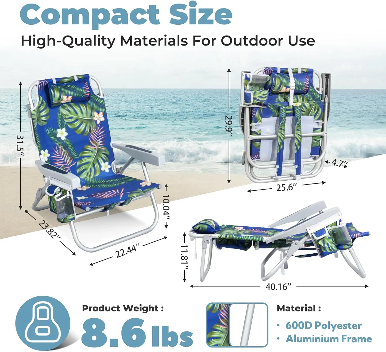 Folding Beach Chairs for Adults 2 Pack, Low Sand Chairs with Cup Holder, 5-Position Recling Backpack Beach Chair Aluminum Frame, Portable for Travel & Outdoor, Supports 300lbs, Wave Blue