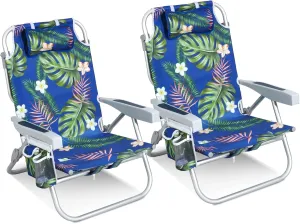 Folding Beach Chairs for Adults 2 Pack, Low Sand Chairs with Cup Holder, 5-Position Recling Backpack Beach Chair Aluminum Frame, Portable for Travel & Outdoor, Supports 300lbs, Wave Blue