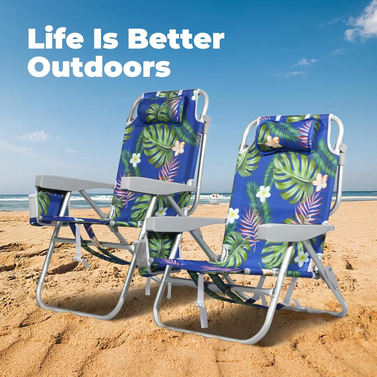 Folding Beach Chairs for Adults 2 Pack, Low Sand Chairs with Cup Holder, 5-Position Recling Backpack Beach Chair Aluminum Frame, Portable for Travel & Outdoor, Supports 300lbs, Wave Blue