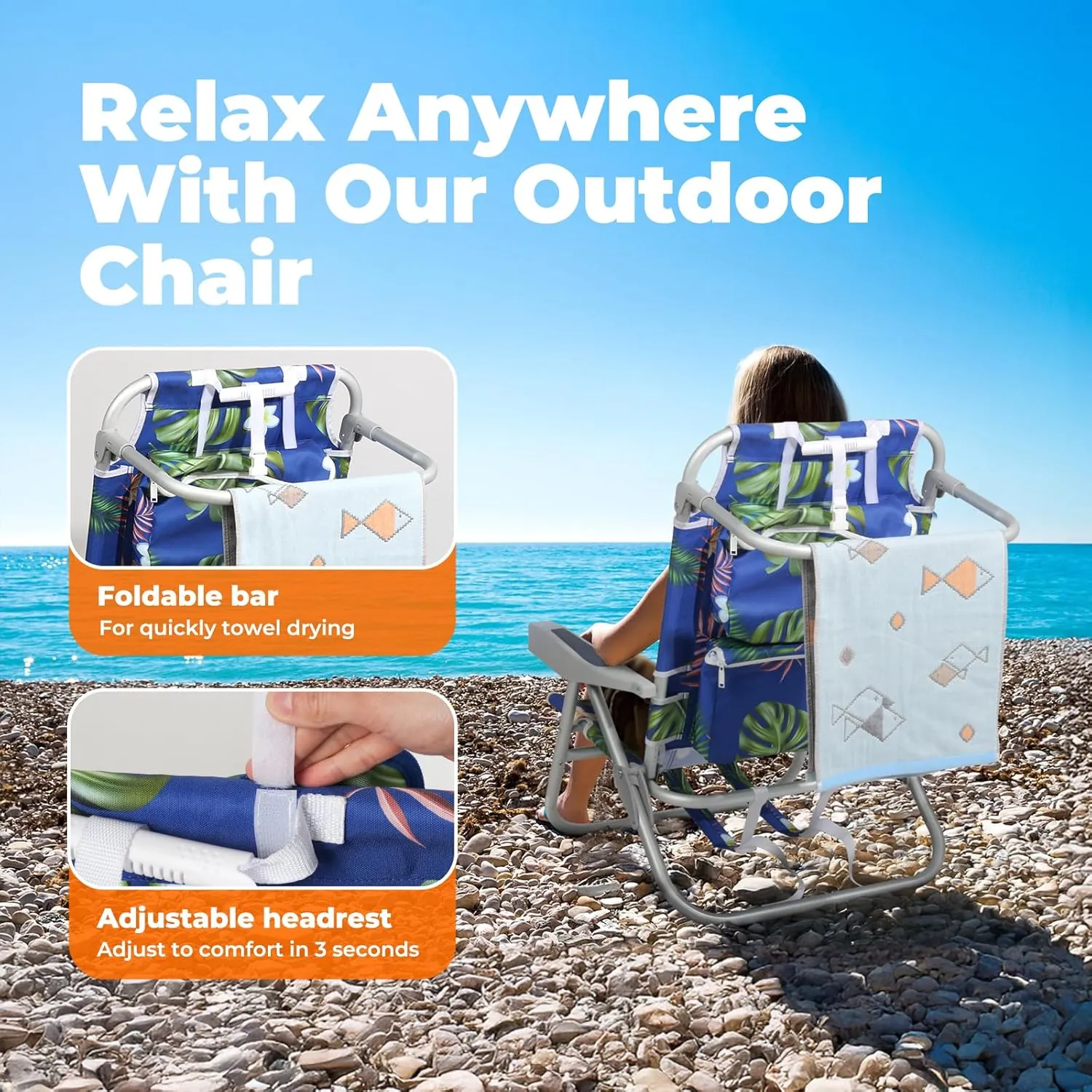 Folding Beach Chairs for Adults 2 Pack, Low Sand Chairs with Cup Holder, 5-Position Recling Backpack Beach Chair Aluminum Frame, Portable for Travel & Outdoor, Supports 300lbs, Wave Blue