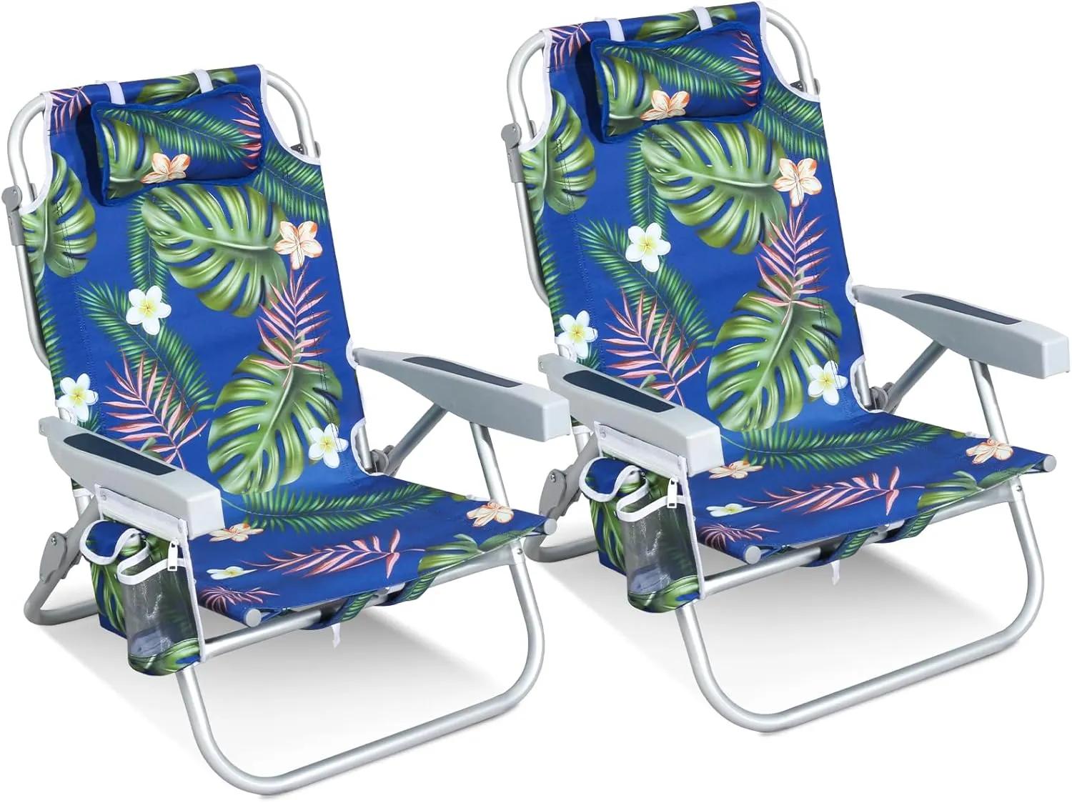 Folding Beach Chairs for Adults 2 Pack, Low Sand Chairs with Cup Holder, 5-Position Recling Backpack Beach Chair Aluminum Frame, Portable for Travel & Outdoor, Supports 300lbs, Wave Blue