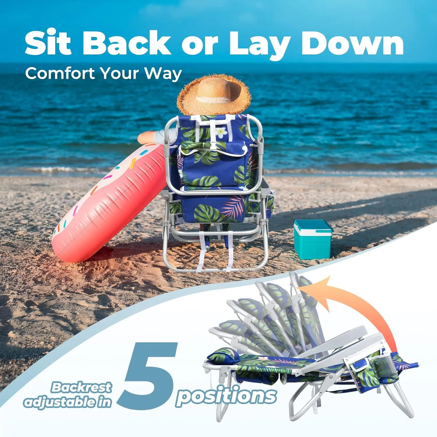 Folding Beach Chairs for Adults 2 Pack, Low Sand Chairs with Cup Holder, 5-Position Recling Backpack Beach Chair Aluminum Frame, Portable for Travel & Outdoor, Supports 300lbs, Wave Blue