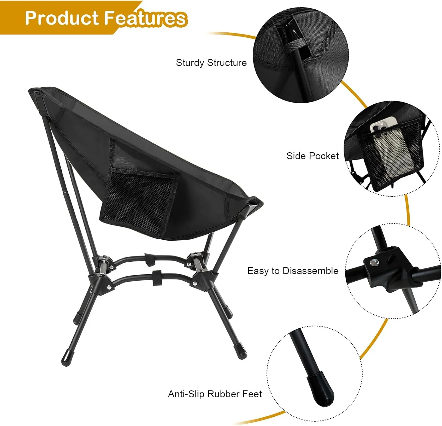 Folding Camping Chair, Adjustable 2-Way for Adults Portable Camp Chair Foldable Compact Backpacking for Outdoor Hiking Picnic Beach BBQ-Black