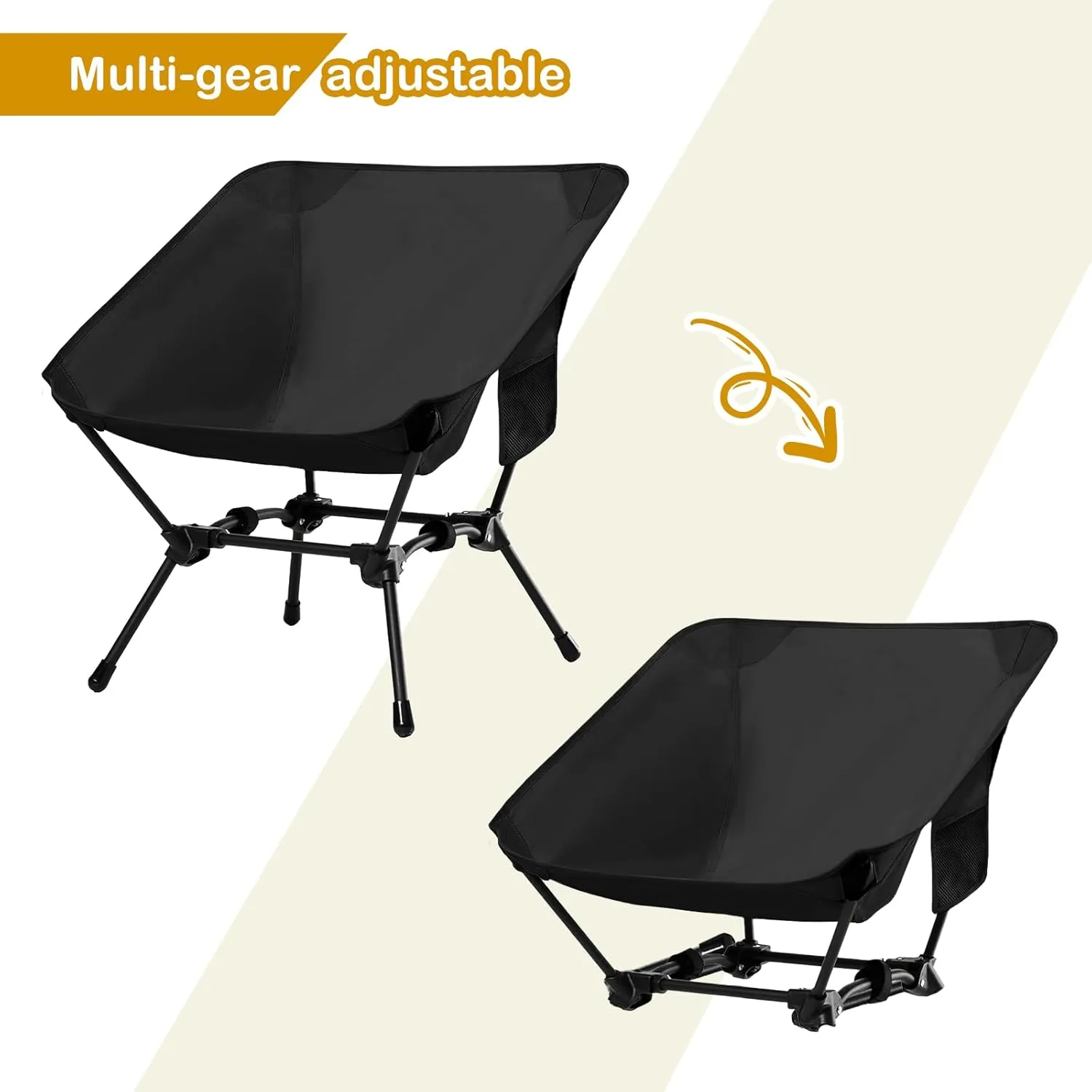 Folding Camping Chair, Adjustable 2-Way for Adults Portable Camp Chair Foldable Compact Backpacking for Outdoor Hiking Picnic Beach BBQ-Black