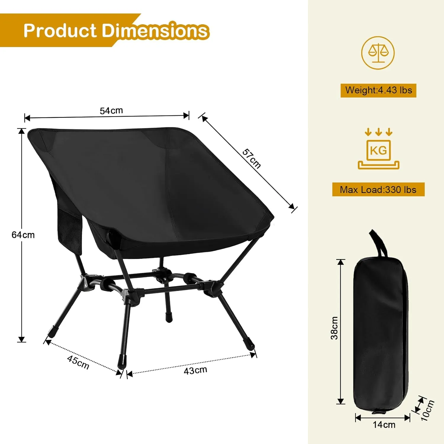 Folding Camping Chair, Adjustable 2-Way for Adults Portable Camp Chair Foldable Compact Backpacking for Outdoor Hiking Picnic Beach BBQ-Black
