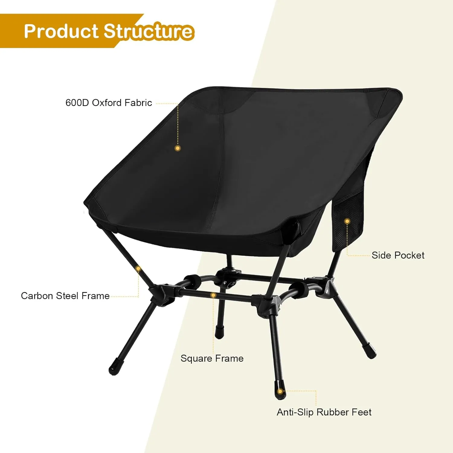 Folding Camping Chair, Adjustable 2-Way for Adults Portable Camp Chair Foldable Compact Backpacking for Outdoor Hiking Picnic Beach BBQ-Black