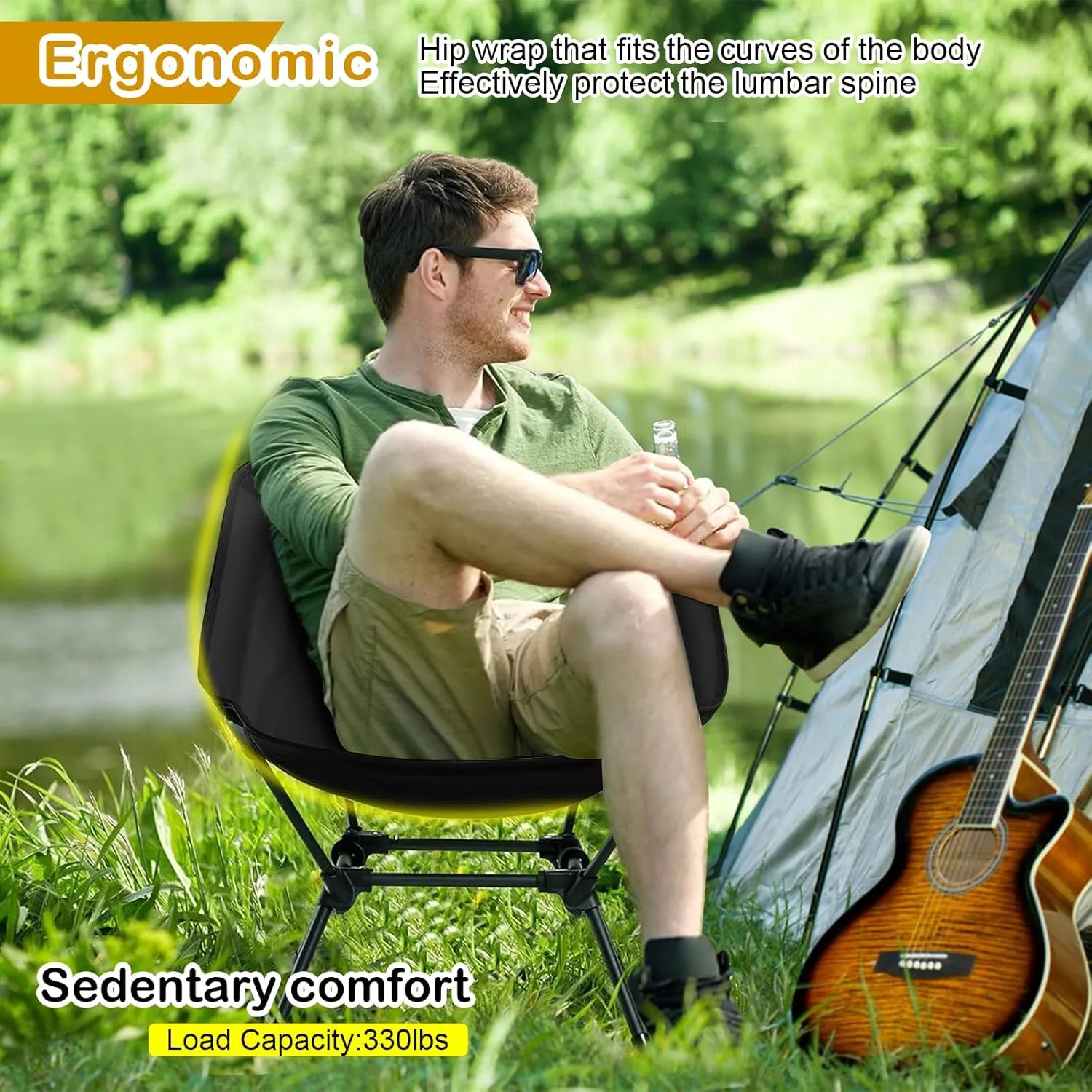 Folding Camping Chair, Adjustable 2-Way for Adults Portable Camp Chair Foldable Compact Backpacking for Outdoor Hiking Picnic Beach BBQ-Black