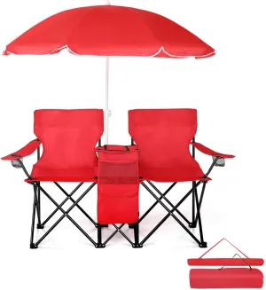 Folding Camping Chair with Removable Umbrella,2 Seat Lawn Chair,Portable Double Folding Chair with Cooler Bag, Beverage Holder,Carrying Bag,14.4''Dx11.5''L Seat (Red)