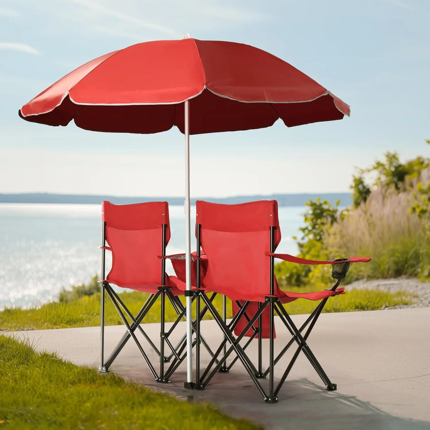 Folding Camping Chair with Removable Umbrella,2 Seat Lawn Chair,Portable Double Folding Chair with Cooler Bag, Beverage Holder,Carrying Bag,14.4''Dx11.5''L Seat (Red)