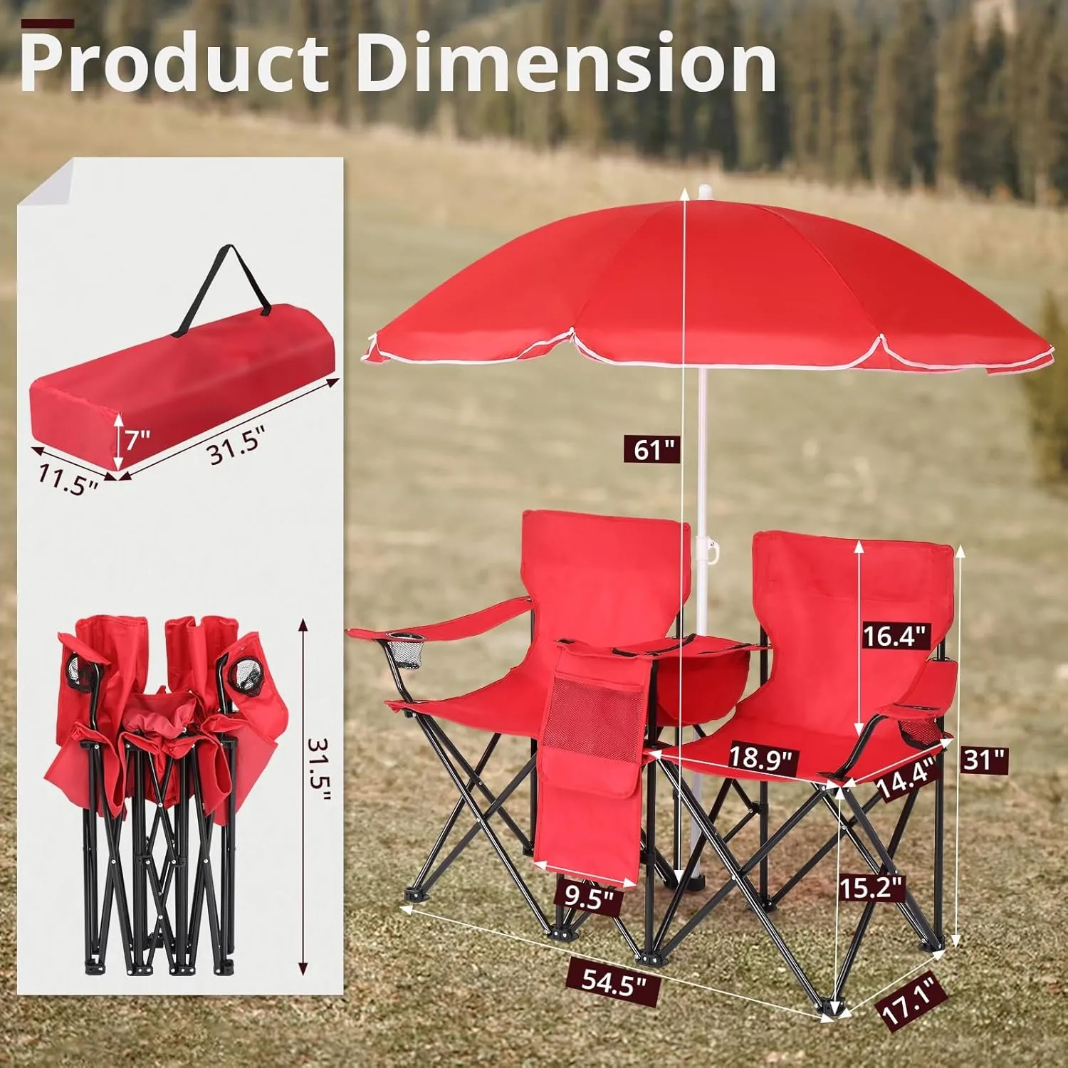 Folding Camping Chair with Removable Umbrella,2 Seat Lawn Chair,Portable Double Folding Chair with Cooler Bag, Beverage Holder,Carrying Bag,14.4''Dx11.5''L Seat (Red)
