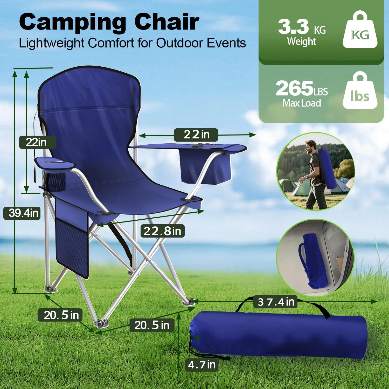 Folding Camping Chairs Durable 600D Oxford, Portable Outdoor Chair with Cooler Pouch, Cup Holder & Storage Pocket for Camping, Beach, Fishing (2 Pack, Navy)