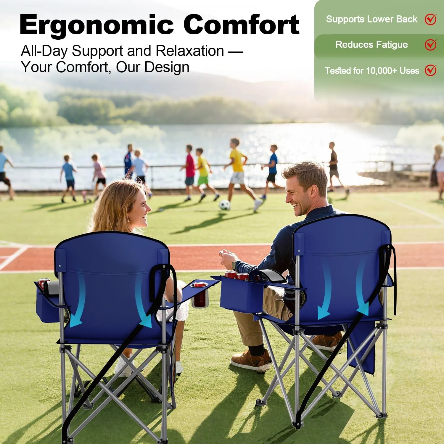 Folding Camping Chairs Durable 600D Oxford, Portable Outdoor Chair with Cooler Pouch, Cup Holder & Storage Pocket for Camping, Beach, Fishing (2 Pack, Navy)