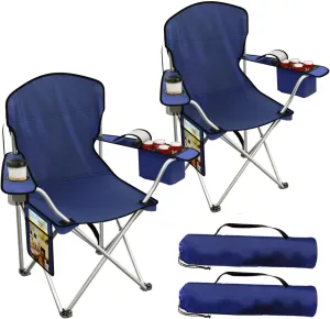 Folding Camping Chairs Durable 600D Oxford, Portable Outdoor Chair with Cooler Pouch, Cup Holder & Storage Pocket for Camping, Beach, Fishing (2 Pack, Navy)