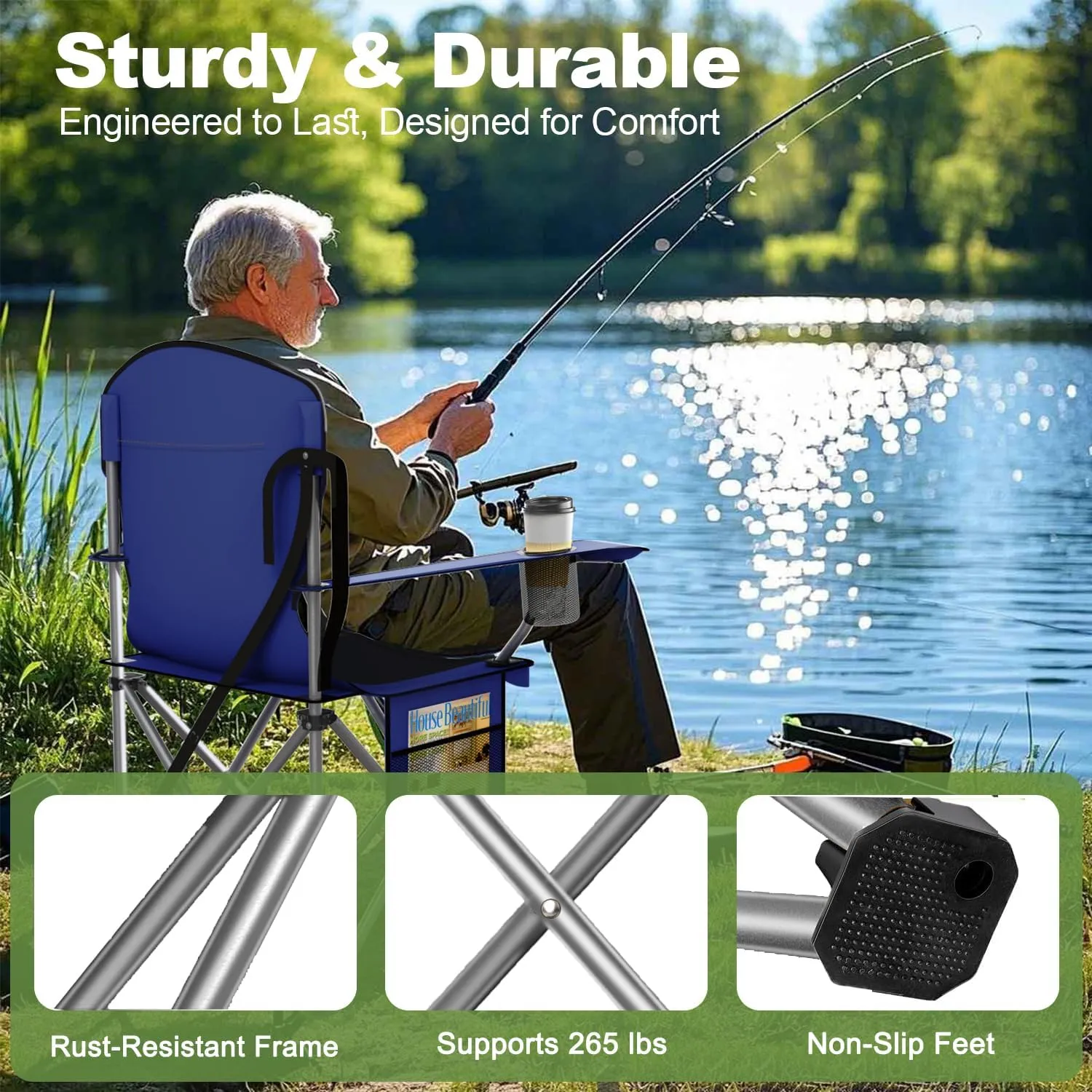 Folding Camping Chairs Durable 600D Oxford, Portable Outdoor Chair with Cooler Pouch, Cup Holder & Storage Pocket for Camping, Beach, Fishing (2 Pack, Navy)
