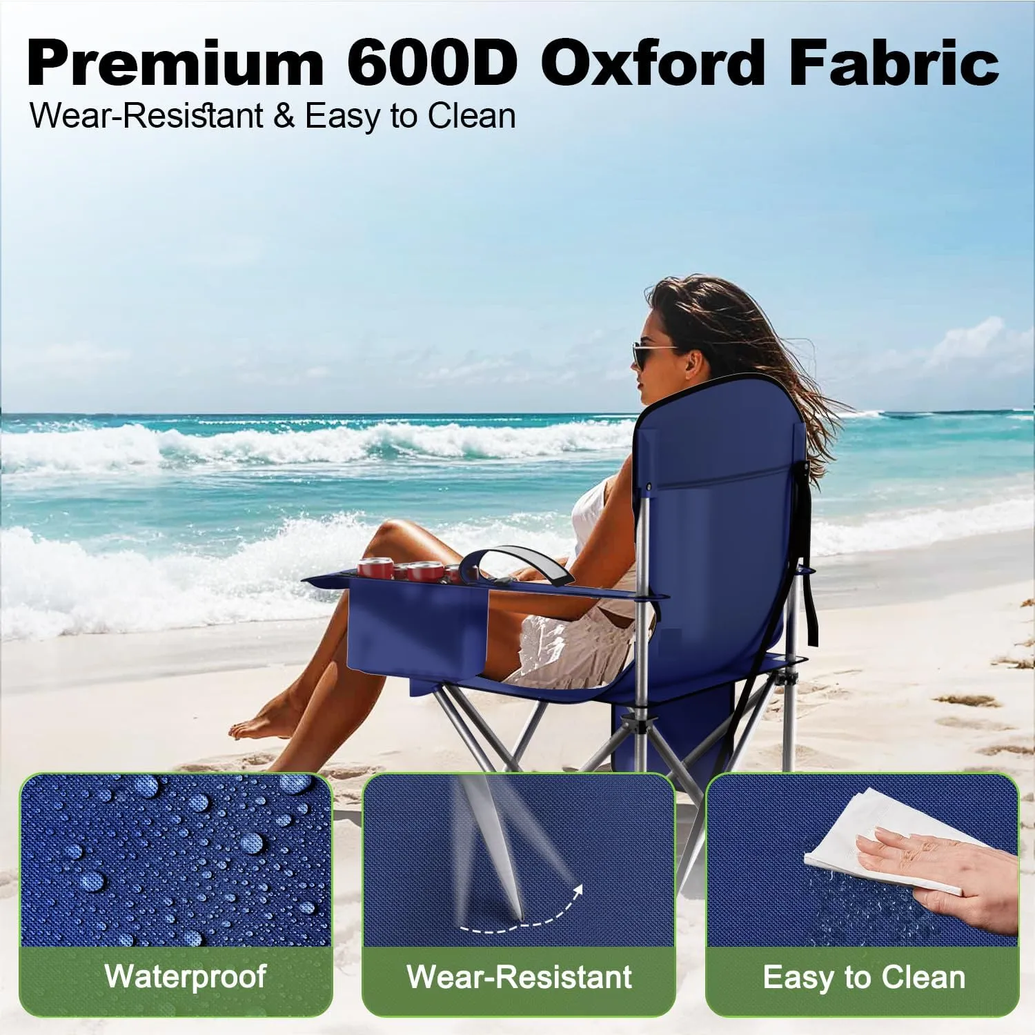 Folding Camping Chairs Durable 600D Oxford, Portable Outdoor Chair with Cooler Pouch, Cup Holder & Storage Pocket for Camping, Beach, Fishing (2 Pack, Navy)