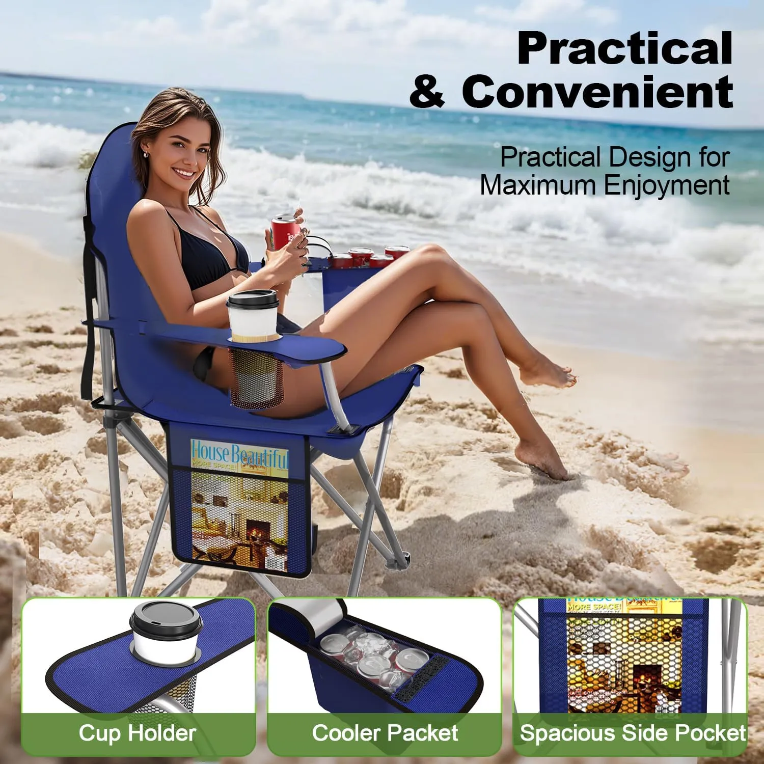 Folding Camping Chairs Durable 600D Oxford, Portable Outdoor Chair with Cooler Pouch, Cup Holder & Storage Pocket for Camping, Beach, Fishing (2 Pack, Navy)