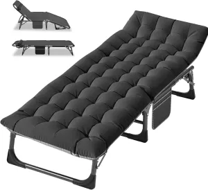 Folding Camping Cots for Adults, Adjustable 4-Position Adults Reclining Chaise with Pillow, Outdoor Lounge Chair Sleeping Cots Bed, Perfect for Camping, Pool, Beach, Patio, Onesize, Black