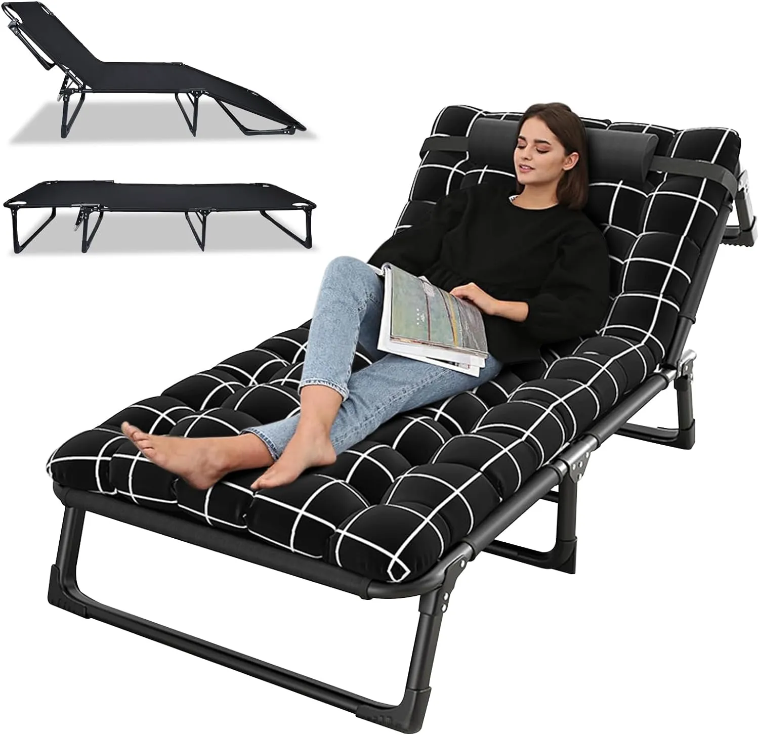 Folding Camping Cots,Portable Sleeping Cot with Pillow,Outdoor Heavy Duty Cot Bed for Camp,Tri-fold Adjustable Adults Reclining Folding Camping Cot for Office Pool Beach Patio