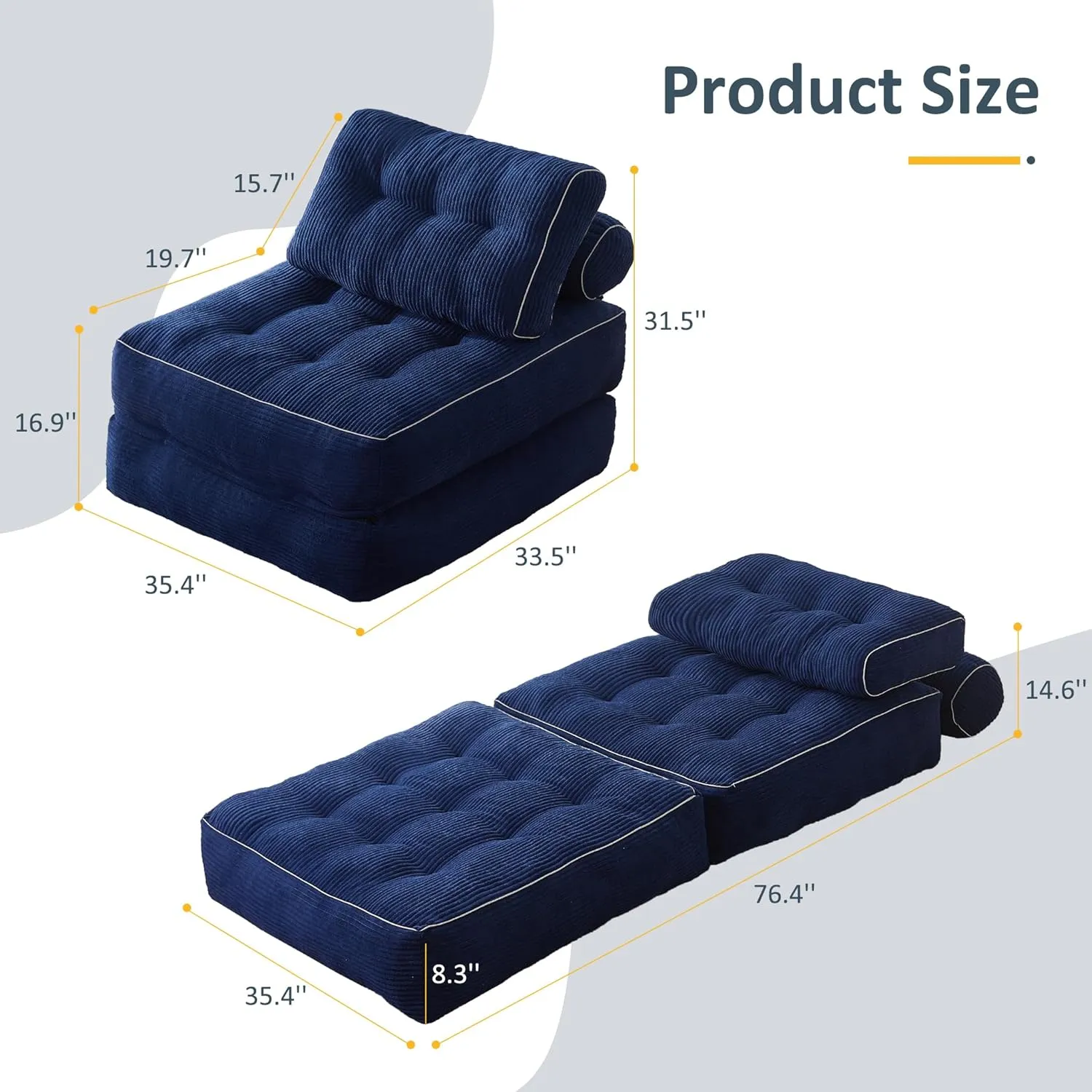 Folding Chair Bed, Futon Sofa Bed, Floor Couch for Adults Chair for Living Room, Lounge Sofa, Convertible Sofa Bed, Small Couches for Small Spaces, Blue