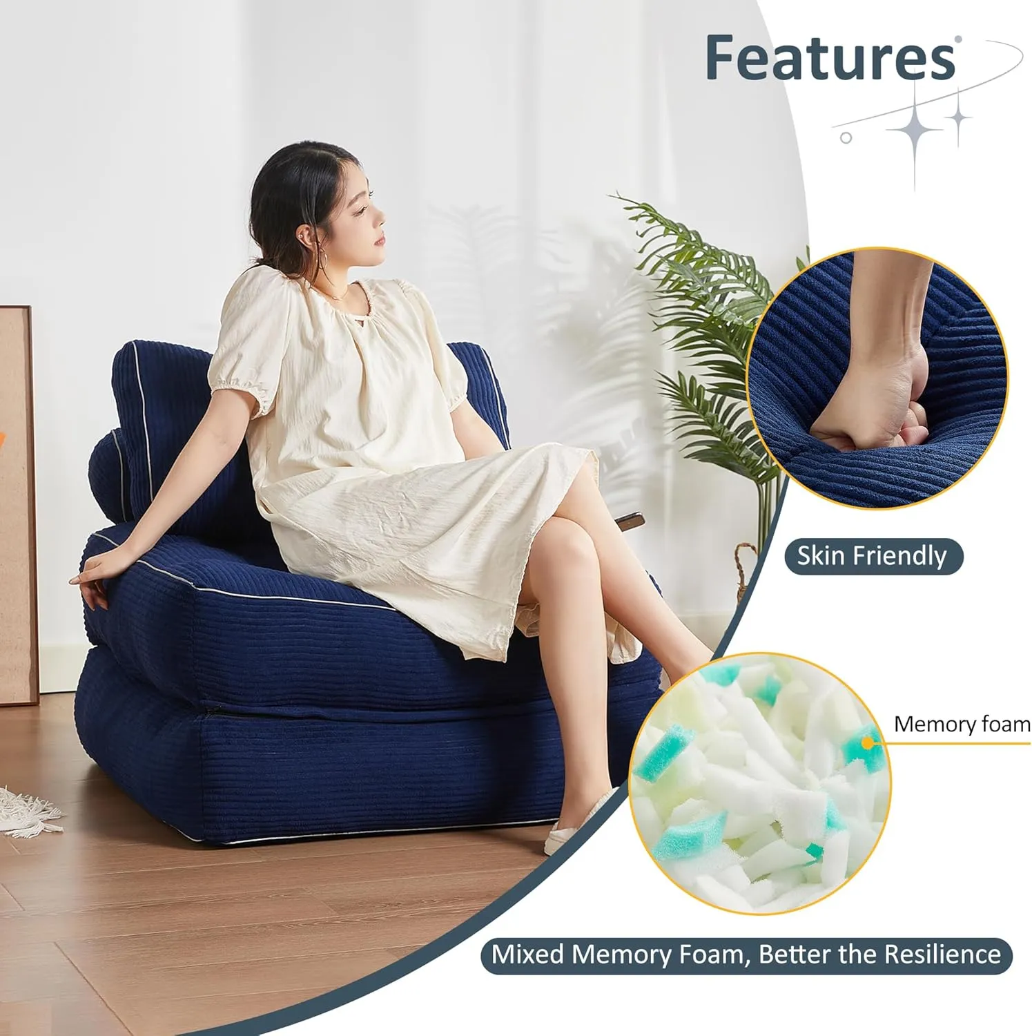 Folding Chair Bed, Futon Sofa Bed, Floor Couch for Adults Chair for Living Room, Lounge Sofa, Convertible Sofa Bed, Small Couches for Small Spaces, Blue