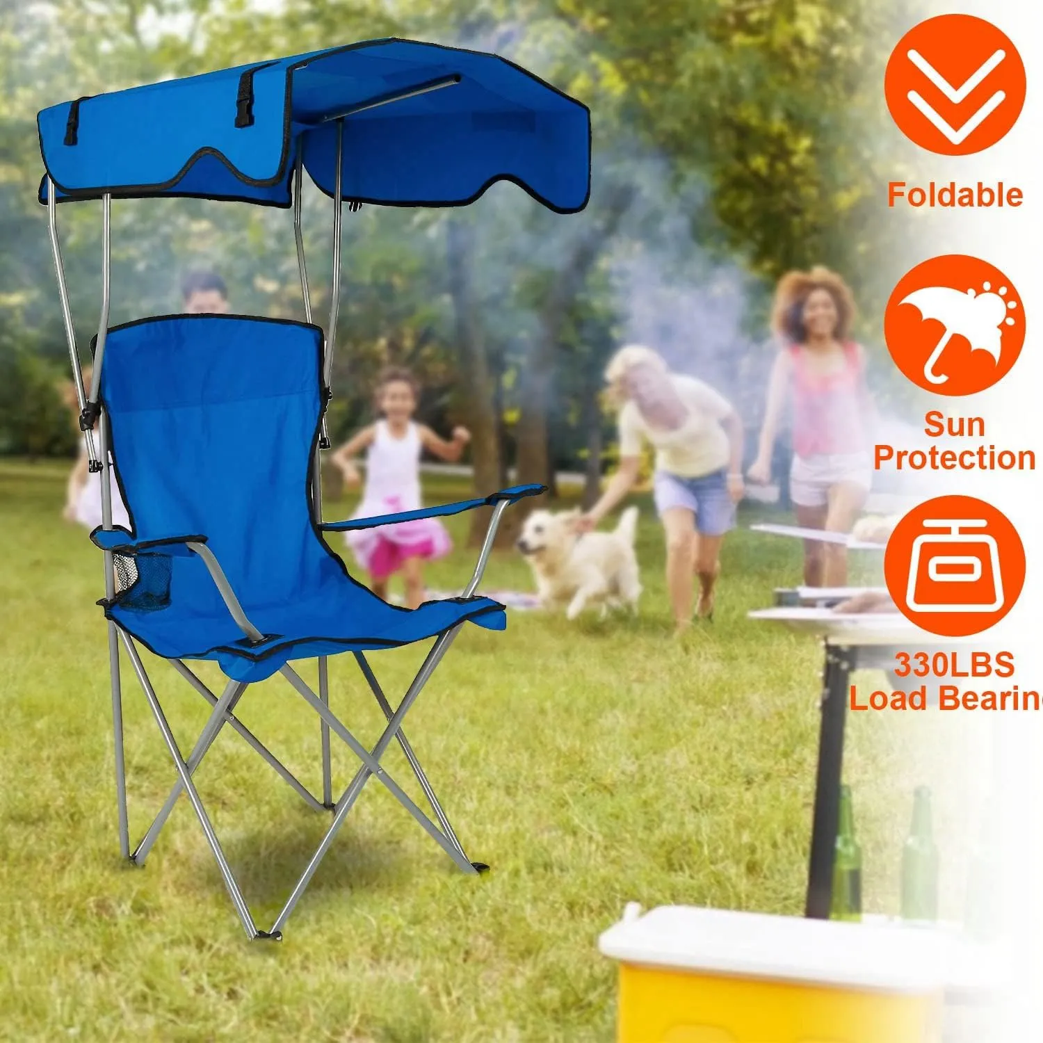 Folding Chair for Outside Camping Chair Foldable Canopy Chair with Shade Sun Protection Camping Recliner a Carry Bag with Cup Holder for Fishing/Beach/Poolside/Travel
