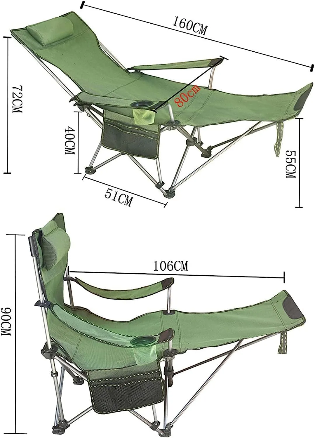 Folding Chairs Camping Lounge Chair Portable Reclining Camping Chair Folding Seat with Footrest with Headrest Storage Bag Portable Camping Chair(Color:Green)
