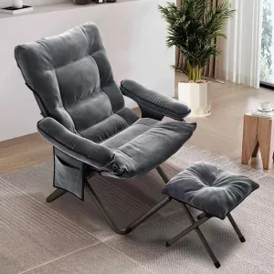 Folding Lazy Chair with Ottoman, Reclining Sofa Leisure Chair with Armrest, Comfy Lounge Chairs with Side Pocket, Cozy Reading Chairs with Footstool for Bedroom, Balcony, Living Room, Office, Grey