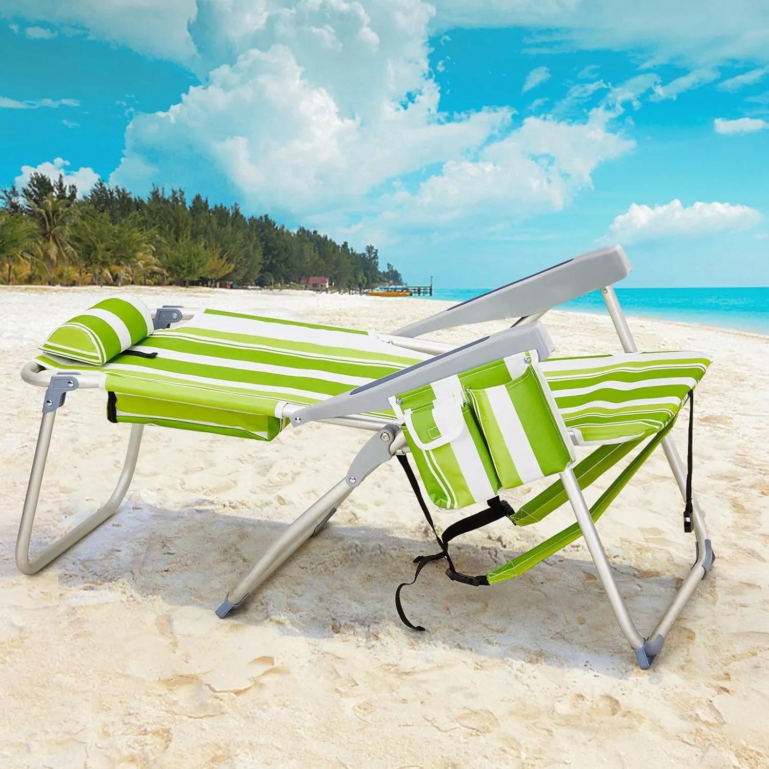 Folding Oversized Backpack Beach Chair 5-Position with Headrest & Cup Holder - Portable Aluminum Adjustable Reclining Camping Chair with Storage Bags, Lightweight & Compact, Green