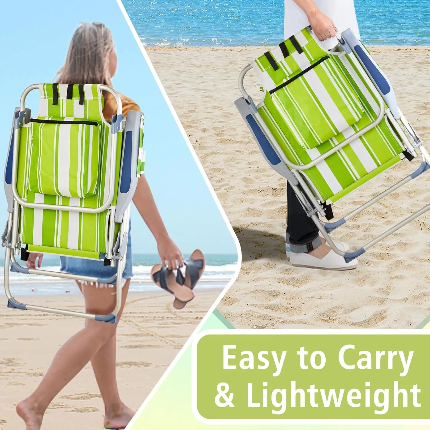 Folding Oversized Backpack Beach Chair 5-Position with Headrest & Cup Holder - Portable Aluminum Adjustable Reclining Camping Chair with Storage Bags, Lightweight & Compact, Green