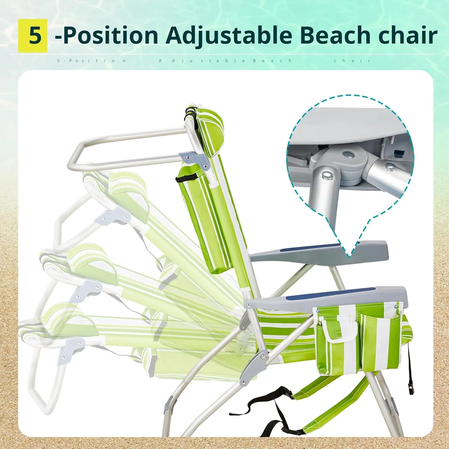 Folding Oversized Backpack Beach Chair 5-Position with Headrest & Cup Holder - Portable Aluminum Adjustable Reclining Camping Chair with Storage Bags, Lightweight & Compact, Green