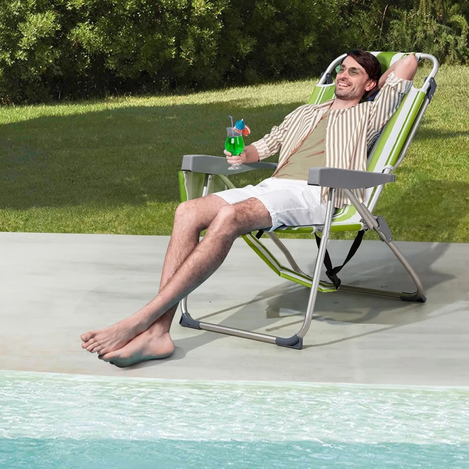 Folding Oversized Backpack Beach Chair 5-Position with Headrest & Cup Holder - Portable Aluminum Adjustable Reclining Camping Chair with Storage Bags, Lightweight & Compact, Green